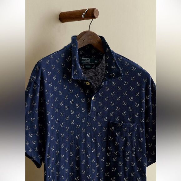 Vintage Polo Ralph Lauren 2003 Anchor-Print Polo Shirt - Navy & Off White Cotton - Picture 5 of 16